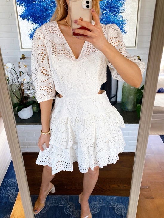 BCBGMaxAzria Dresses & Skirts - BCBGMaxAzria White Eyelet Puff Sleeve Cut Out Tiered Mini Dress! 🐚